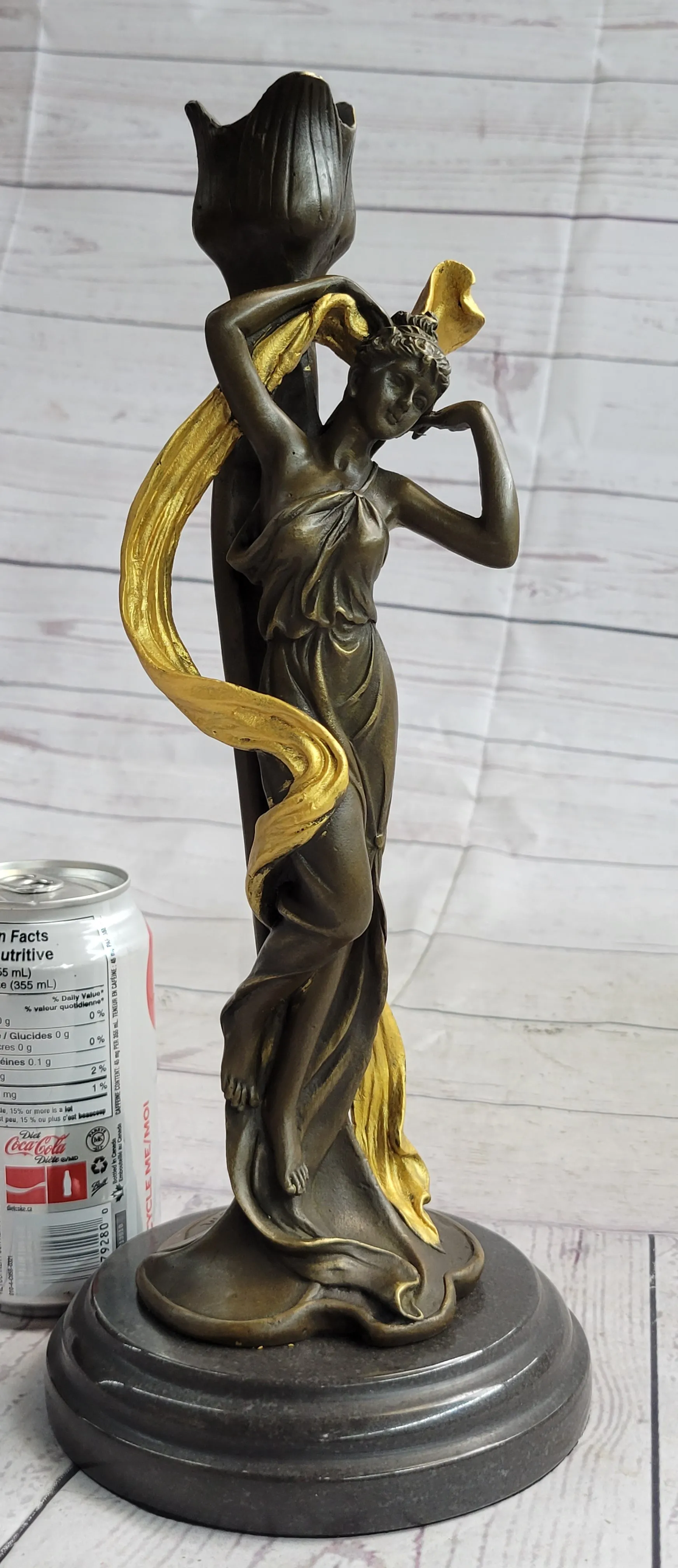 Female Figurative Bronze Metal Candle Holder Candelabra Statue Sculpture Gold Patina