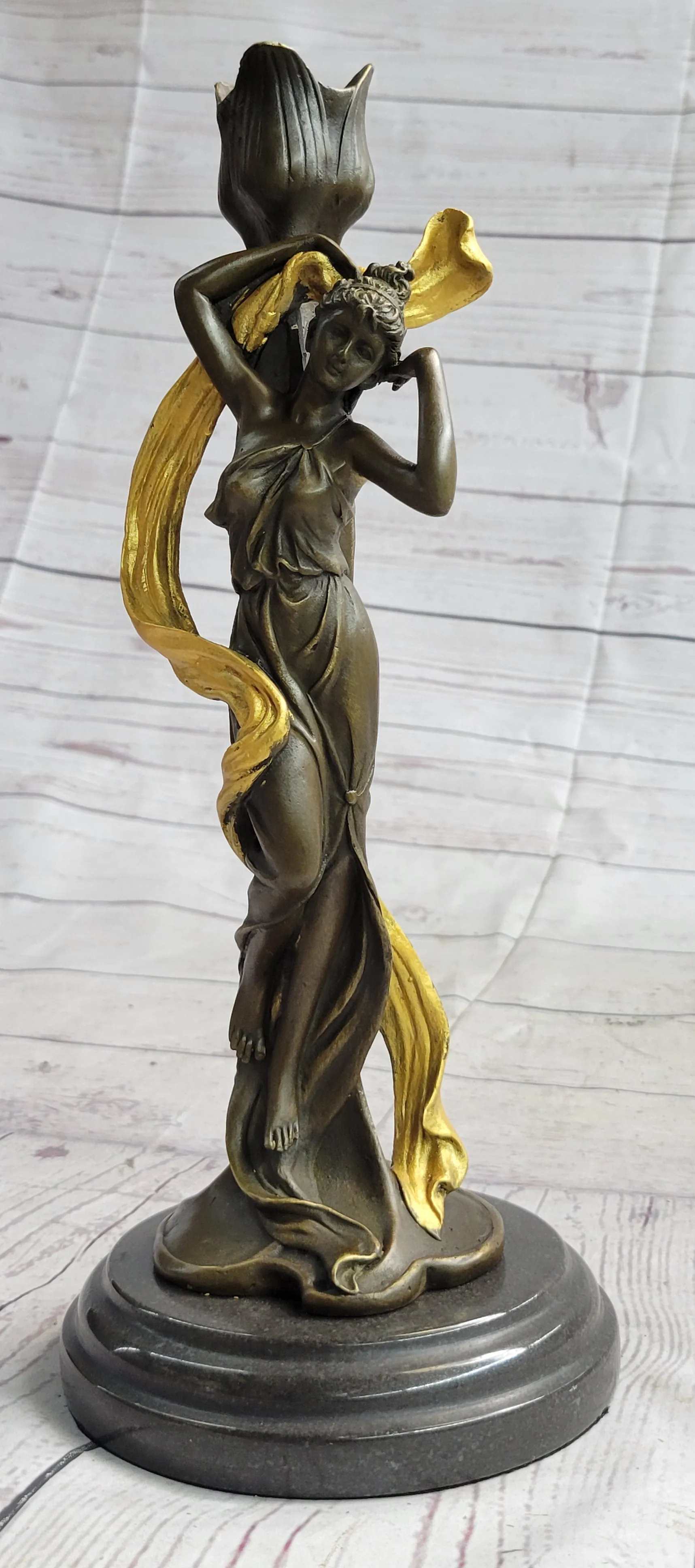 Female Figurative Bronze Metal Candle Holder Candelabra Statue Sculpture Gold Patina