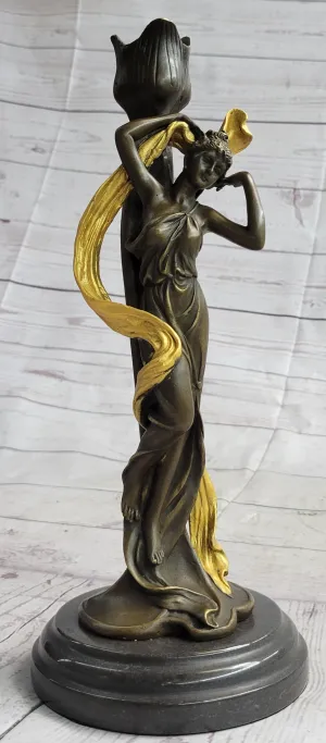 Female Figurative Bronze Metal Candle Holder Candelabra Statue Sculpture Gold Patina