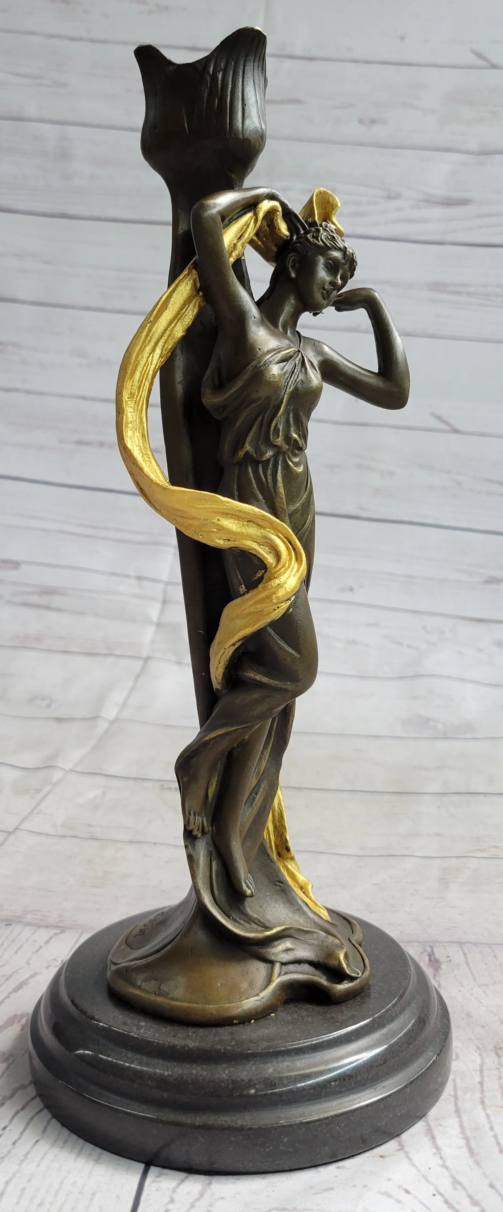 Female Figurative Bronze Metal Candle Holder Candelabra Statue Sculpture Gold Patina