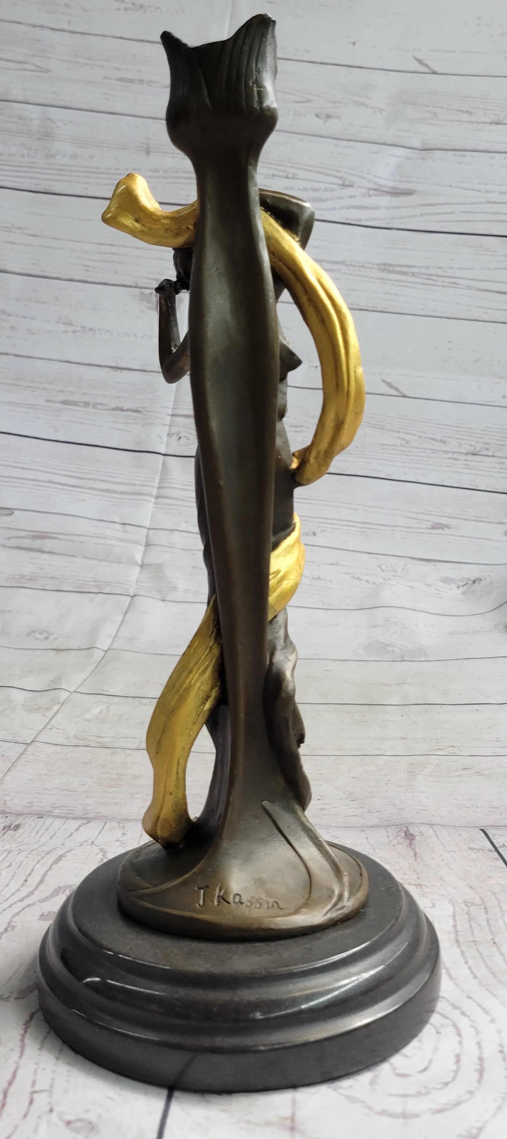 Female Figurative Bronze Metal Candle Holder Candelabra Statue Sculpture Gold Patina