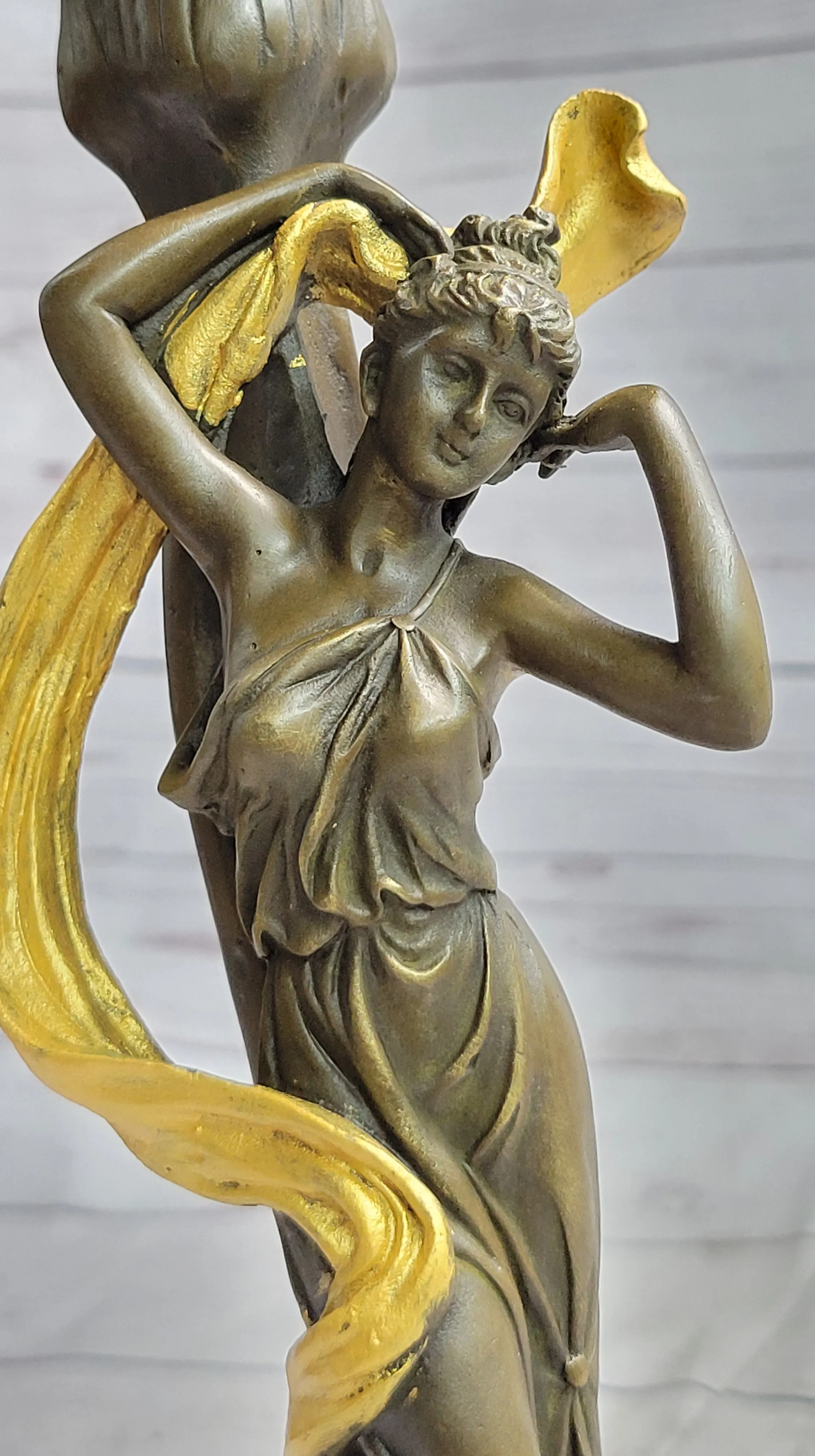 Female Figurative Bronze Metal Candle Holder Candelabra Statue Sculpture Gold Patina
