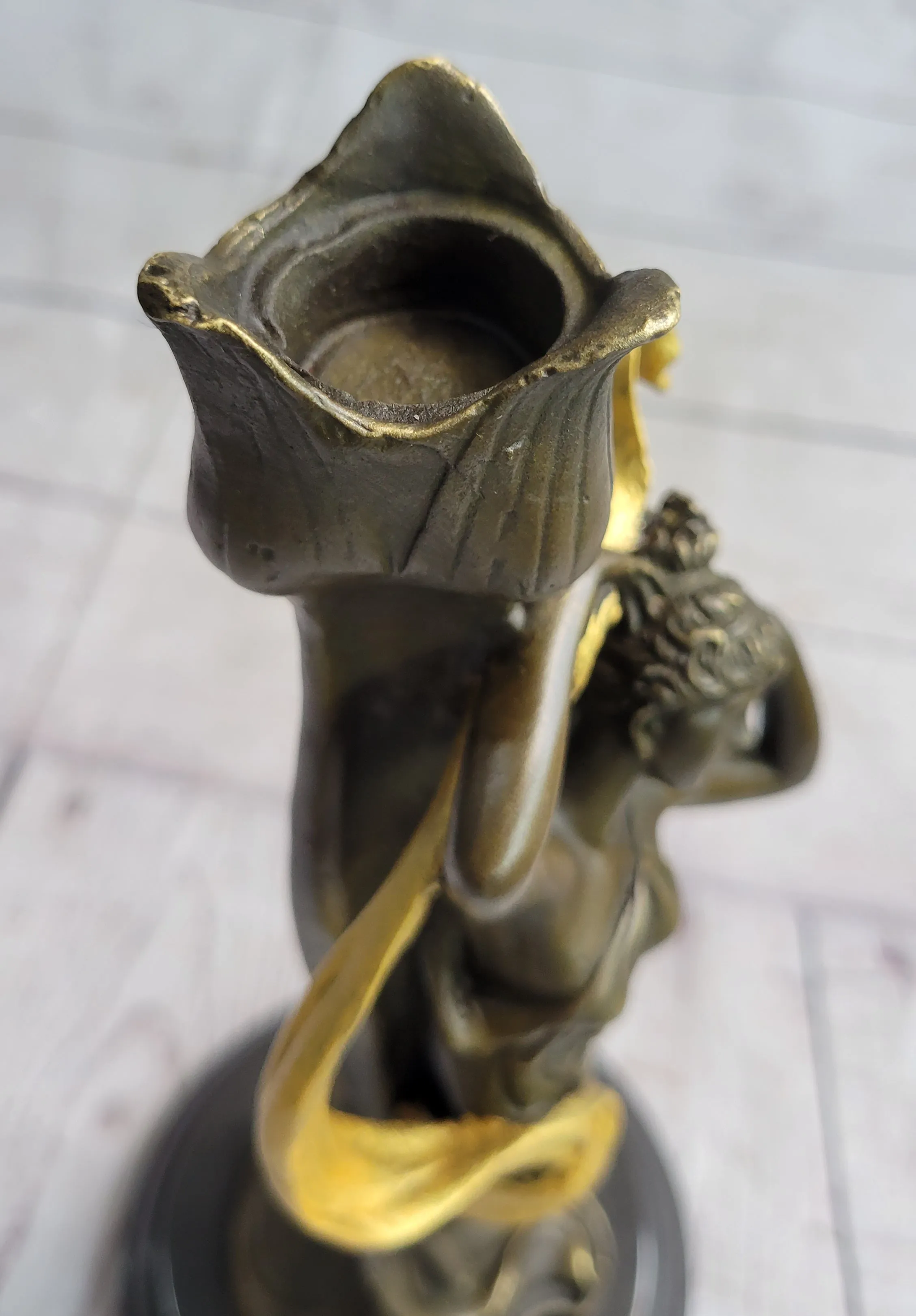 Female Figurative Bronze Metal Candle Holder Candelabra Statue Sculpture Gold Patina