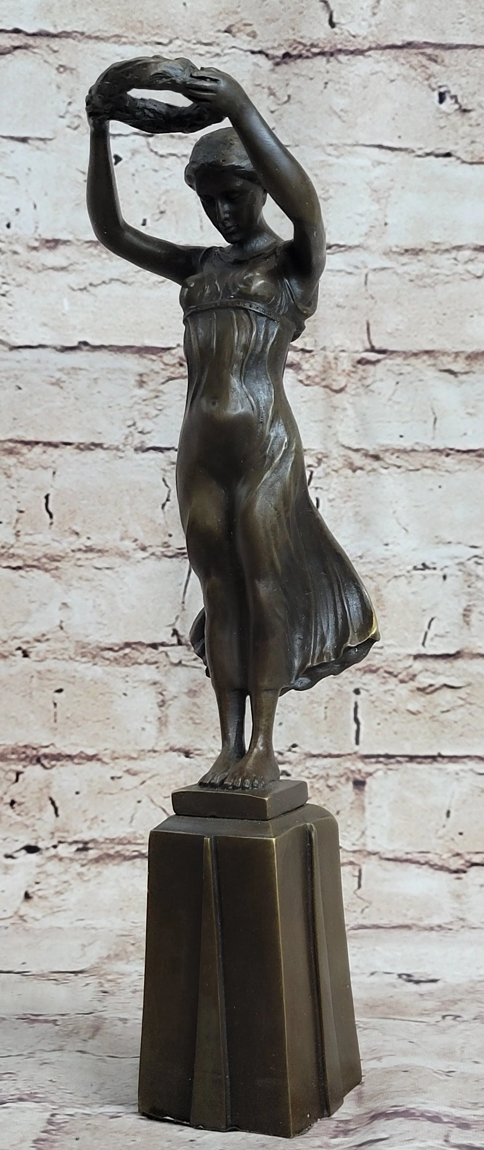 Greek Roman Art Sculpture Woman Holding up Laurels Wreath Crown Bronze Figure Statue