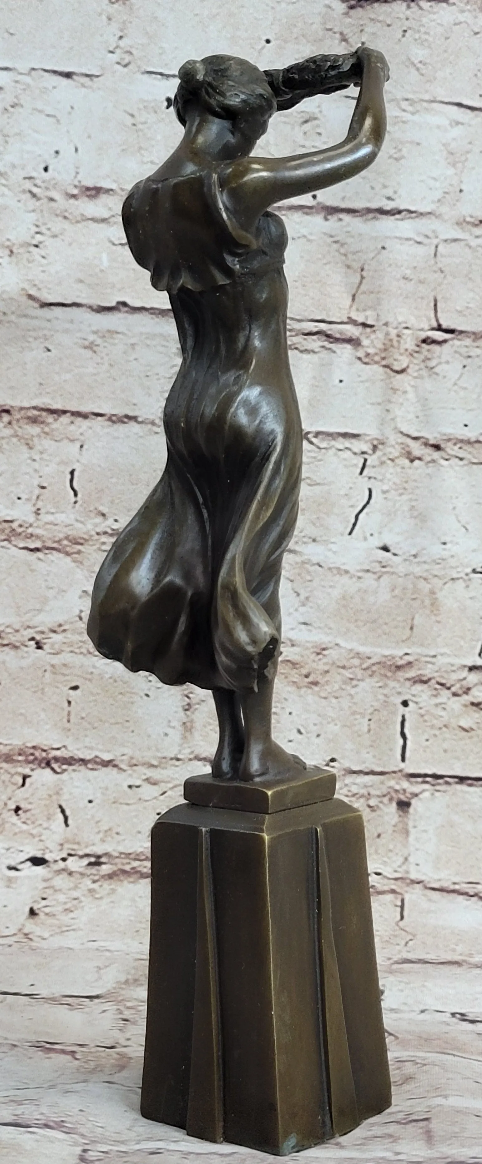 Greek Roman Art Sculpture Woman Holding up Laurels Wreath Crown Bronze Figure Statue