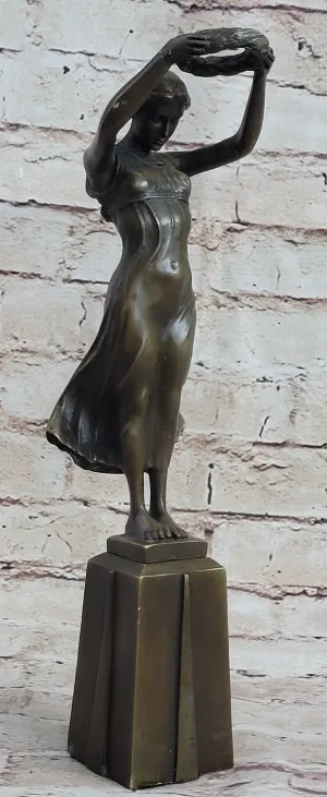 Greek Roman Art Sculpture Woman Holding up Laurels Wreath Crown Bronze Figure Statue