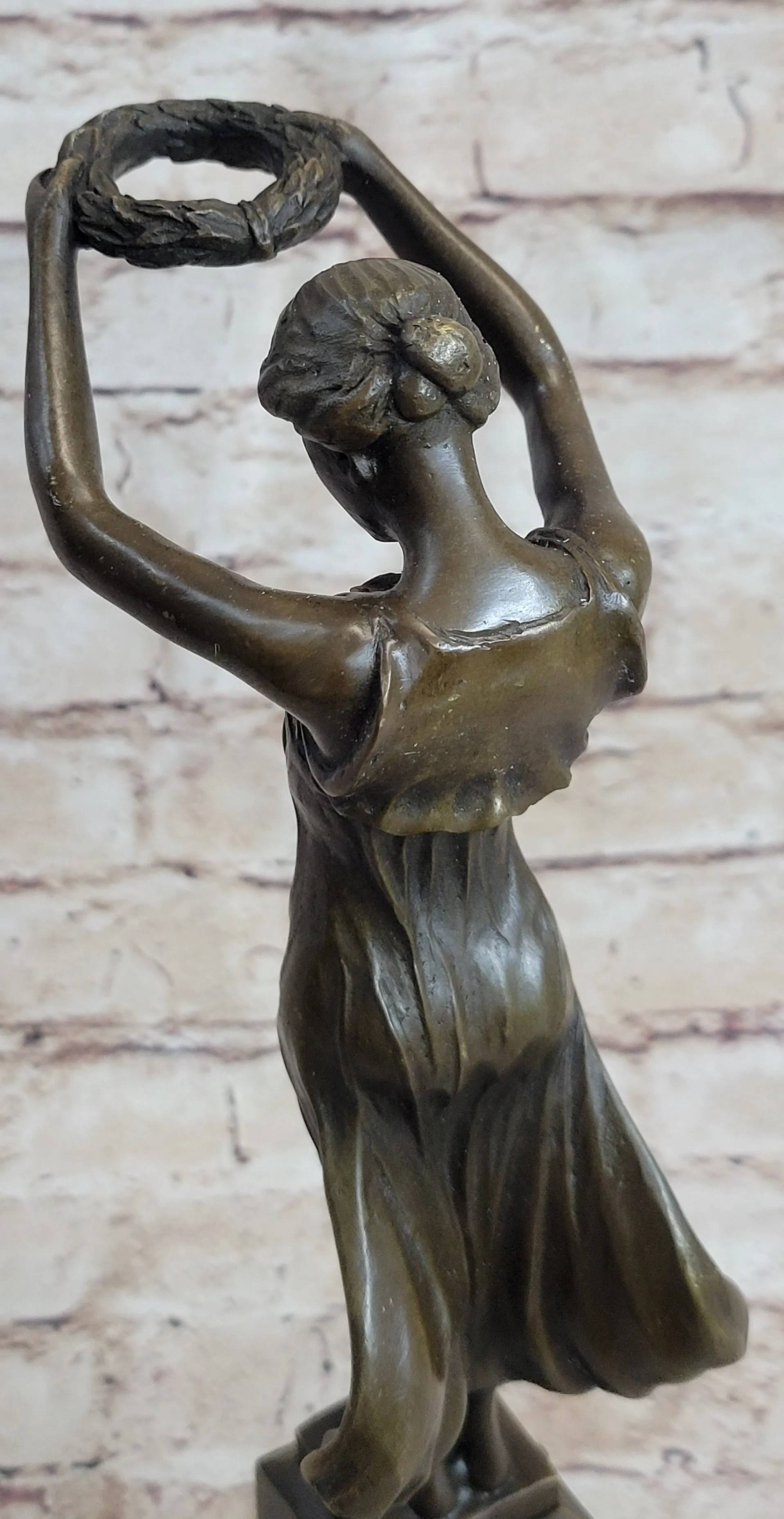 Greek Roman Art Sculpture Woman Holding up Laurels Wreath Crown Bronze Figure Statue