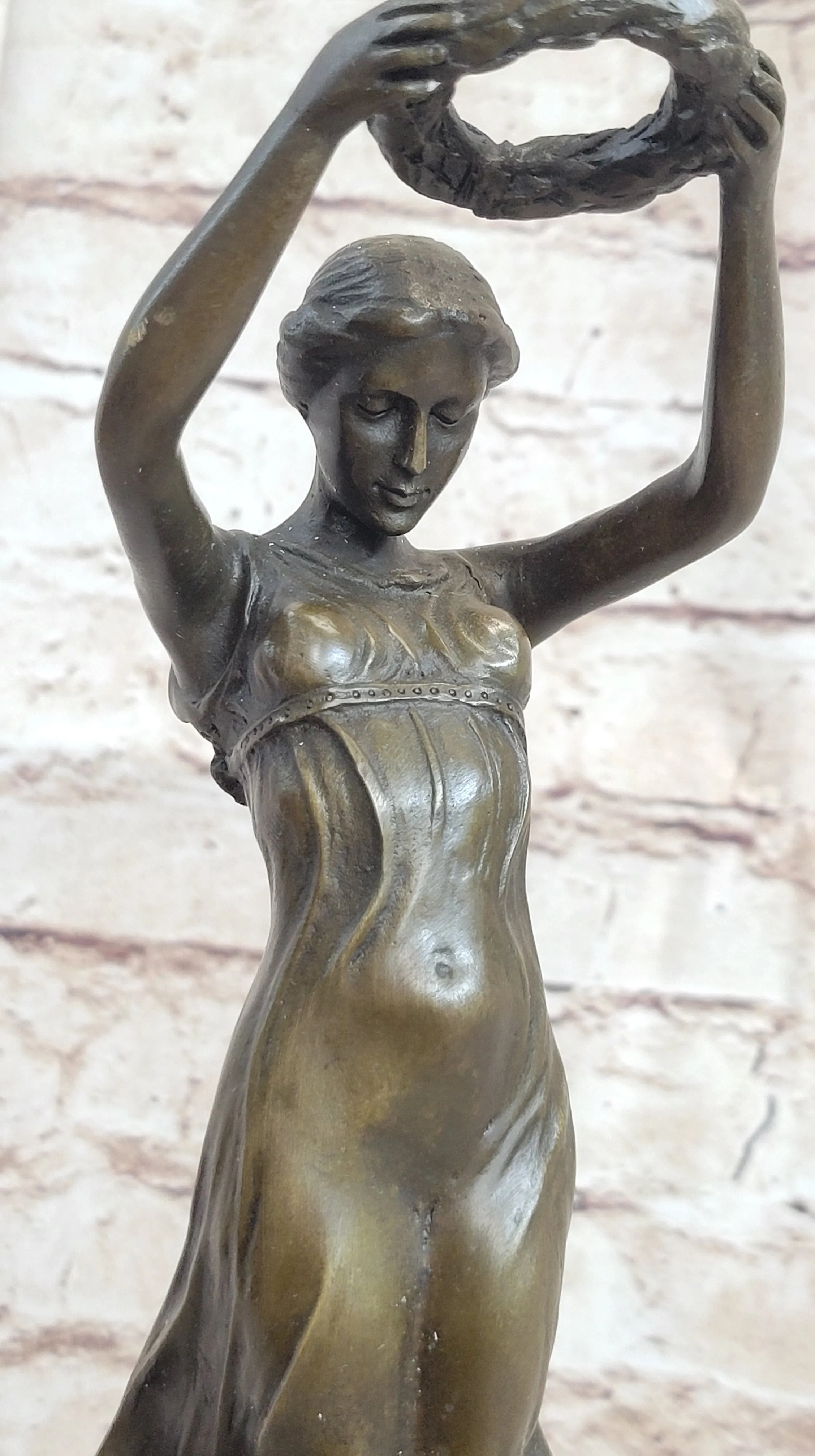 Greek Roman Art Sculpture Woman Holding up Laurels Wreath Crown Bronze Figure Statue