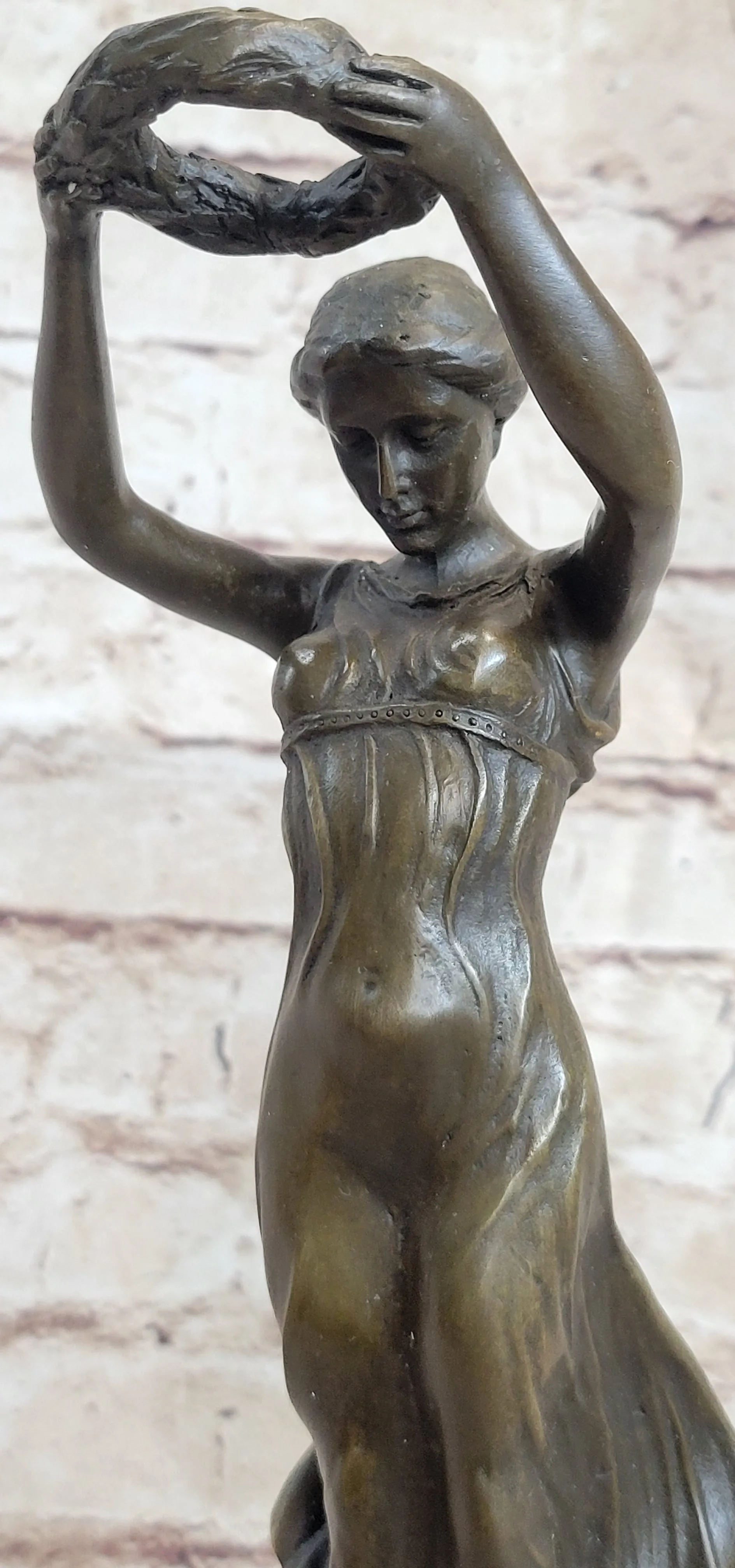 Greek Roman Art Sculpture Woman Holding up Laurels Wreath Crown Bronze Figure Statue