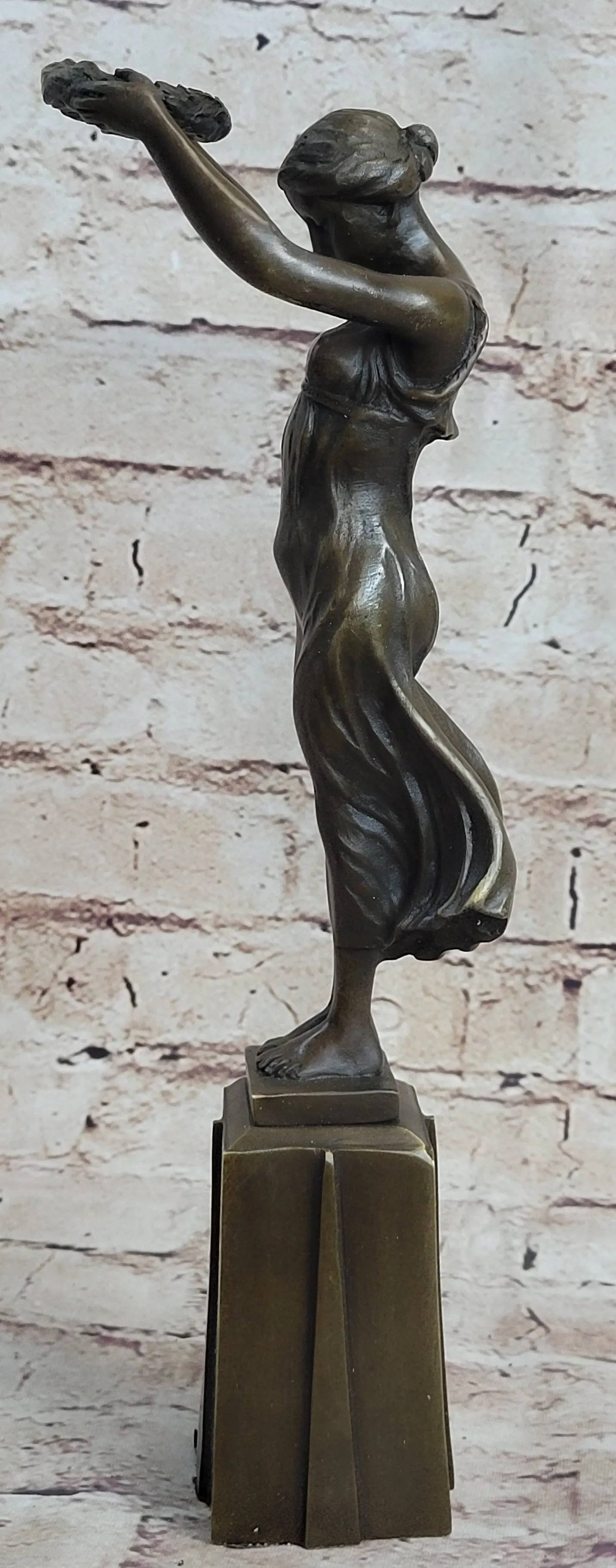 Greek Roman Art Sculpture Woman Holding up Laurels Wreath Crown Bronze Figure Statue