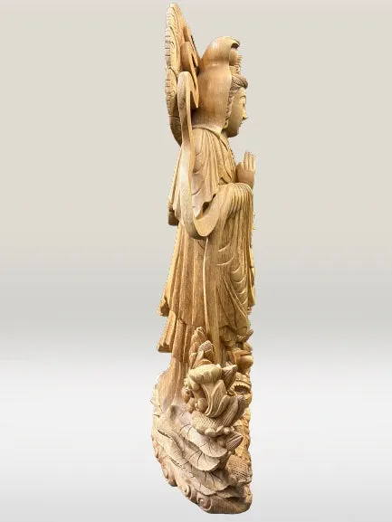 Hand Carved Wood Quan Yin with Ruyi Scepter 44"