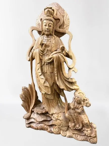 Hand Carved Wood Quan Yin with Ruyi Scepter 44"