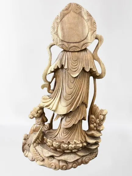 Hand Carved Wood Quan Yin with Ruyi Scepter 44"