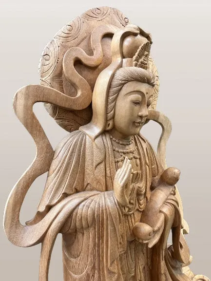 Hand Carved Wood Quan Yin with Ruyi Scepter 44"