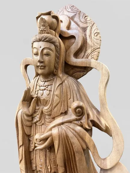 Hand Carved Wood Quan Yin with Ruyi Scepter 44"