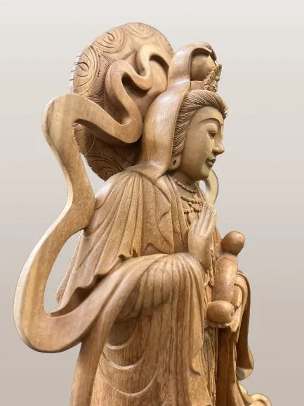 Hand Carved Wood Quan Yin with Ruyi Scepter 44"