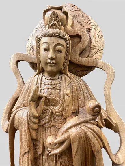 Hand Carved Wood Quan Yin with Ruyi Scepter 44"