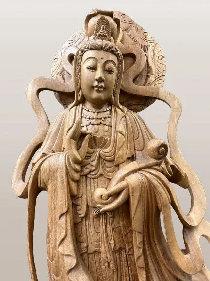 Hand Carved Wood Quan Yin with Ruyi Scepter 44"
