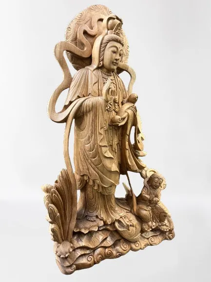 Hand Carved Wood Quan Yin with Ruyi Scepter 44"