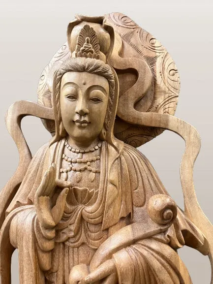 Hand Carved Wood Quan Yin with Ruyi Scepter 44"