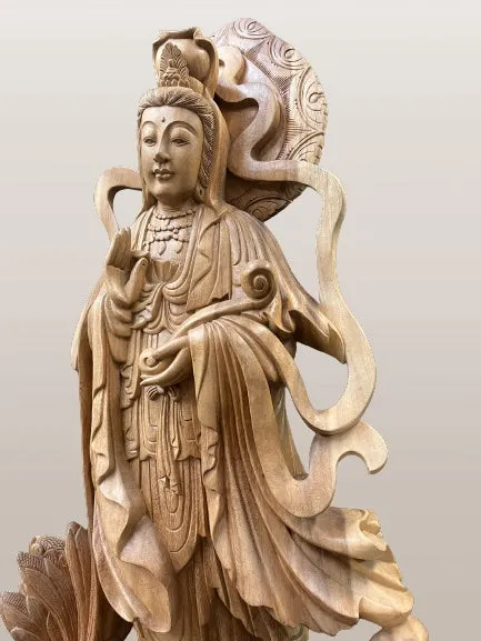 Hand Carved Wood Quan Yin with Ruyi Scepter 44"