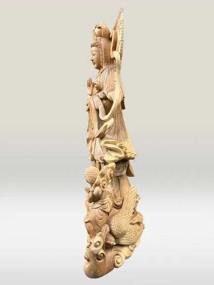 Hand Carved Wood Quan Yin with Ruyi Scepter 44"