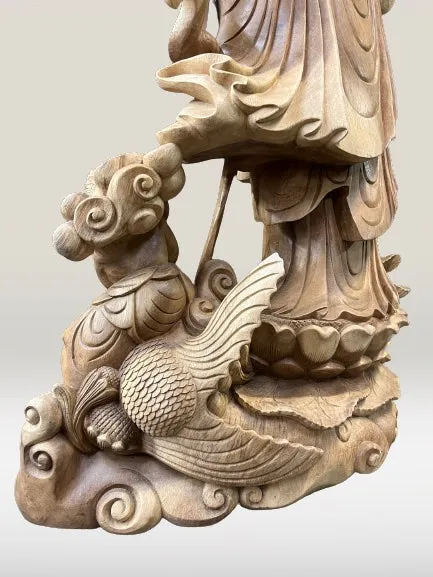 Hand Carved Wood Quan Yin with Ruyi Scepter 44"