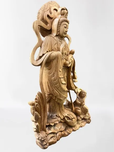 Hand Carved Wood Quan Yin with Ruyi Scepter 44"