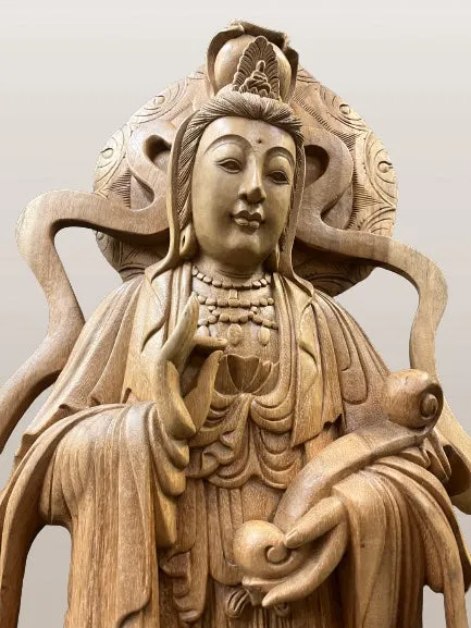 Hand Carved Wood Quan Yin with Ruyi Scepter 44"