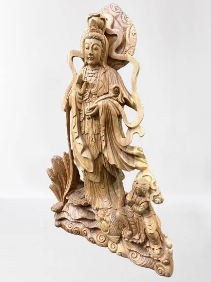 Hand Carved Wood Quan Yin with Ruyi Scepter 44"