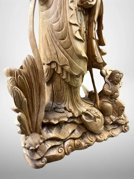 Hand Carved Wood Quan Yin with Ruyi Scepter 44"
