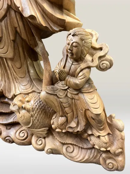 Hand Carved Wood Quan Yin with Ruyi Scepter 44"