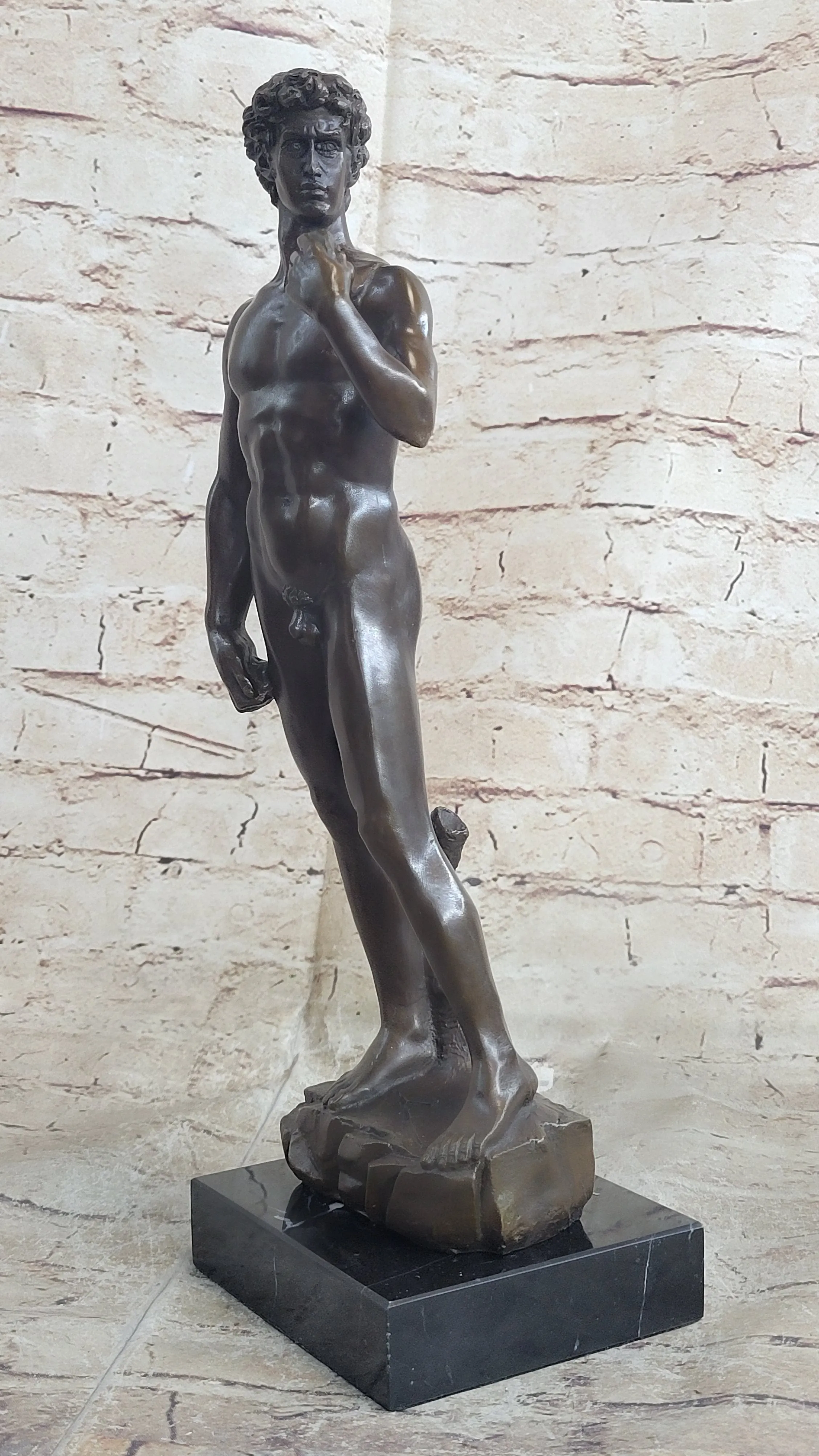 Michelangelo's David Hot Cast Bronze Sculpture Nude Statue Replica on Marble Base Lost Wax Art