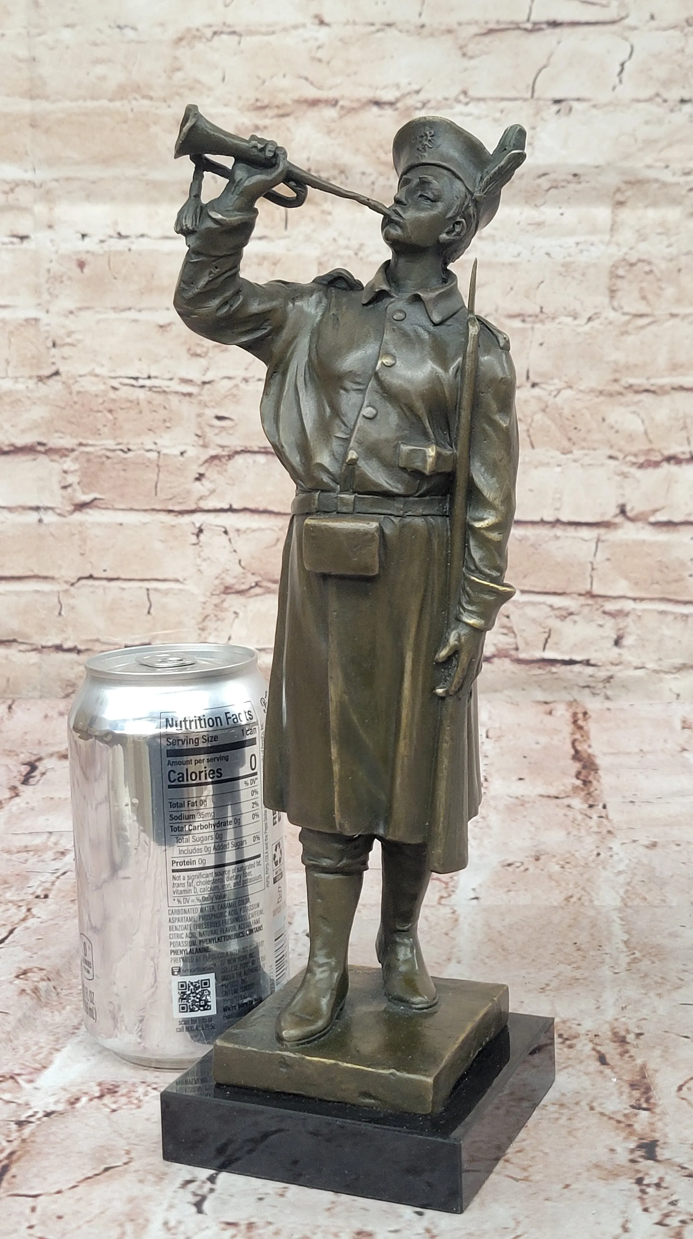 Military Soldier with Bugle Bronze Statue on Marble Base - Vintage Army Trumpeter Figurine