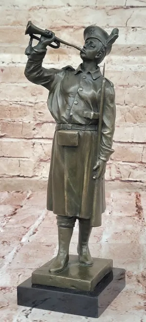 Military Soldier with Bugle Bronze Statue on Marble Base - Vintage Army Trumpeter Figurine
