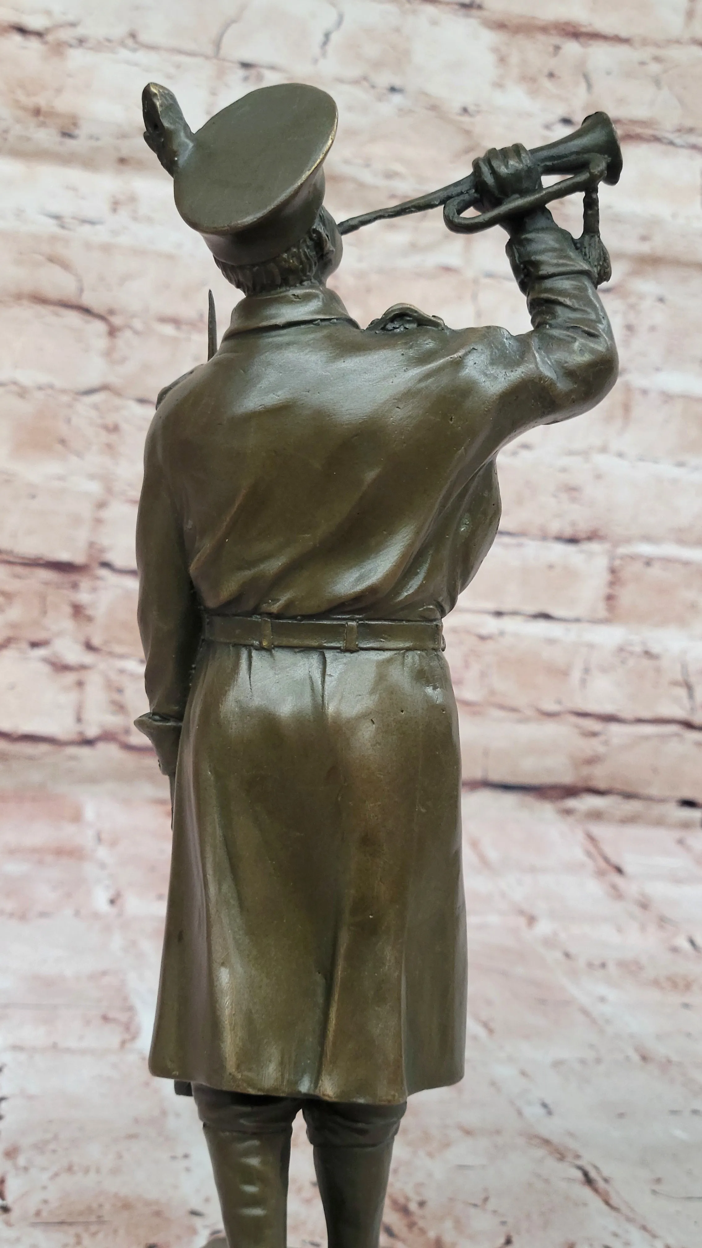 Military Soldier with Bugle Bronze Statue on Marble Base - Vintage Army Trumpeter Figurine