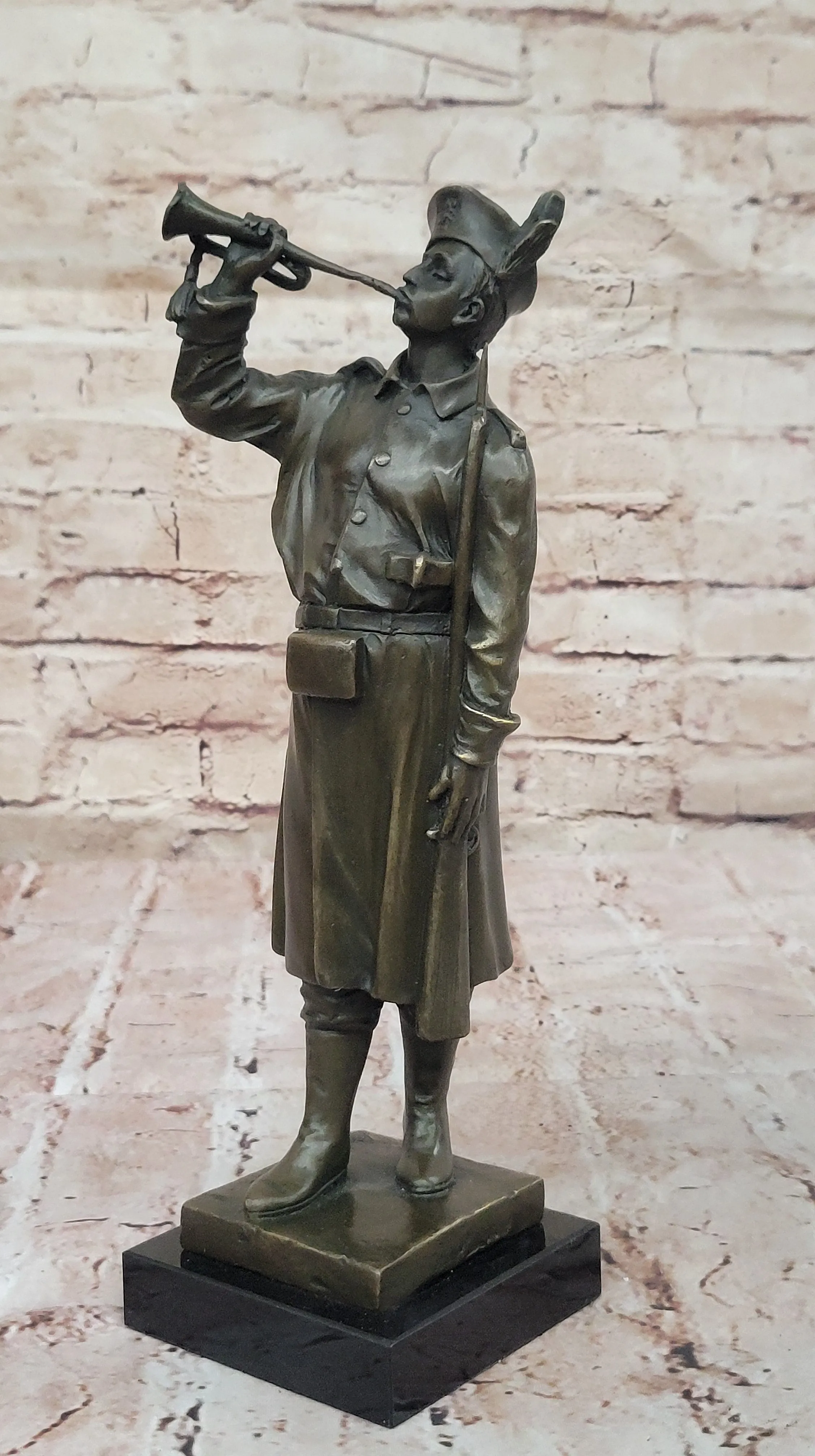 Military Soldier with Bugle Bronze Statue on Marble Base - Vintage Army Trumpeter Figurine