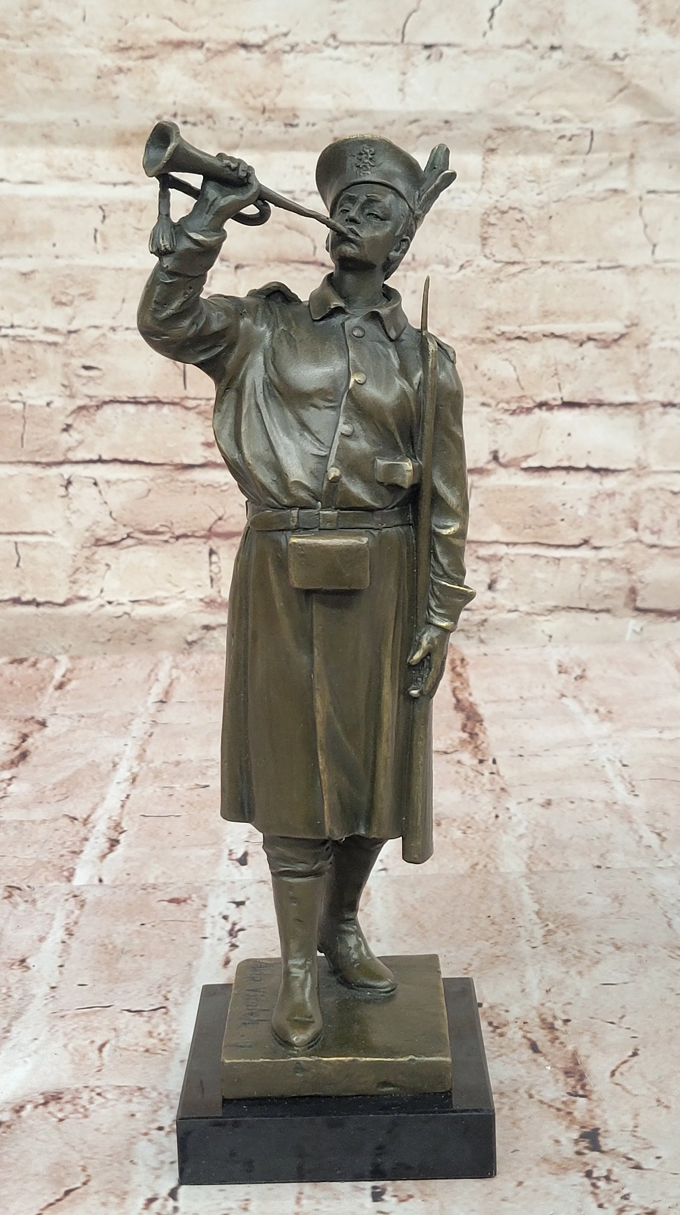 Military Soldier with Bugle Bronze Statue on Marble Base - Vintage Army Trumpeter Figurine