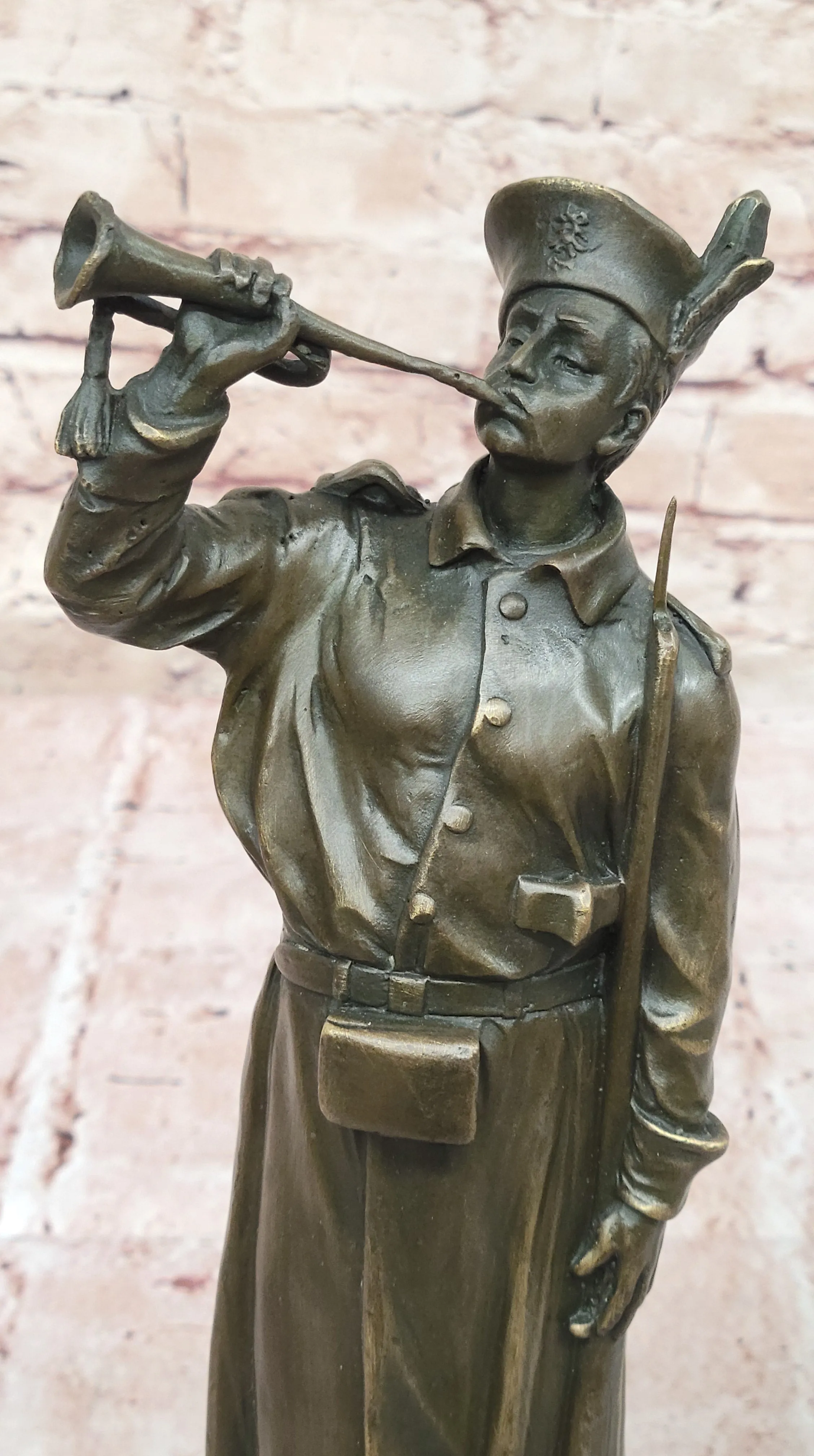 Military Soldier with Bugle Bronze Statue on Marble Base - Vintage Army Trumpeter Figurine
