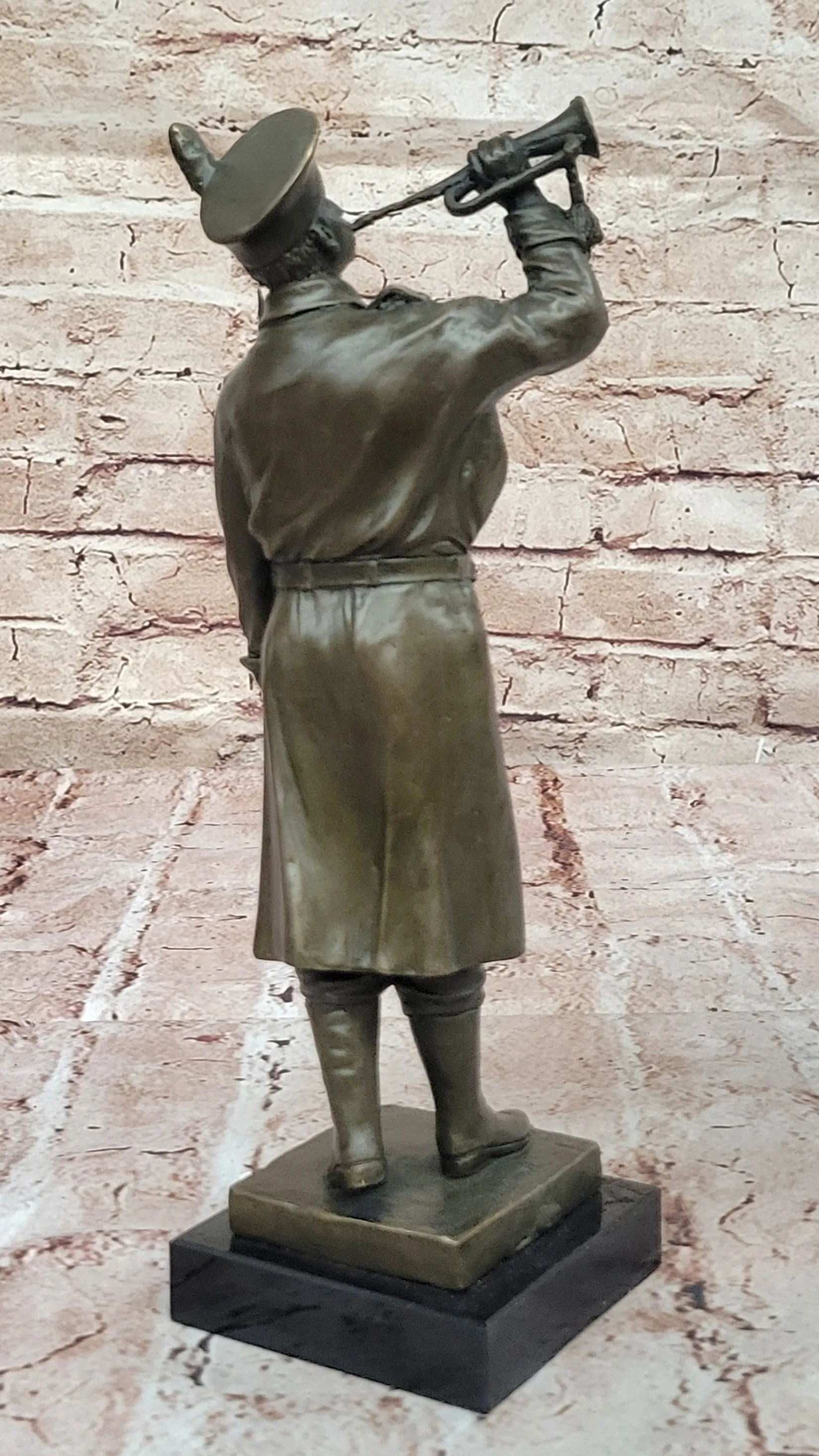 Military Soldier with Bugle Bronze Statue on Marble Base - Vintage Army Trumpeter Figurine