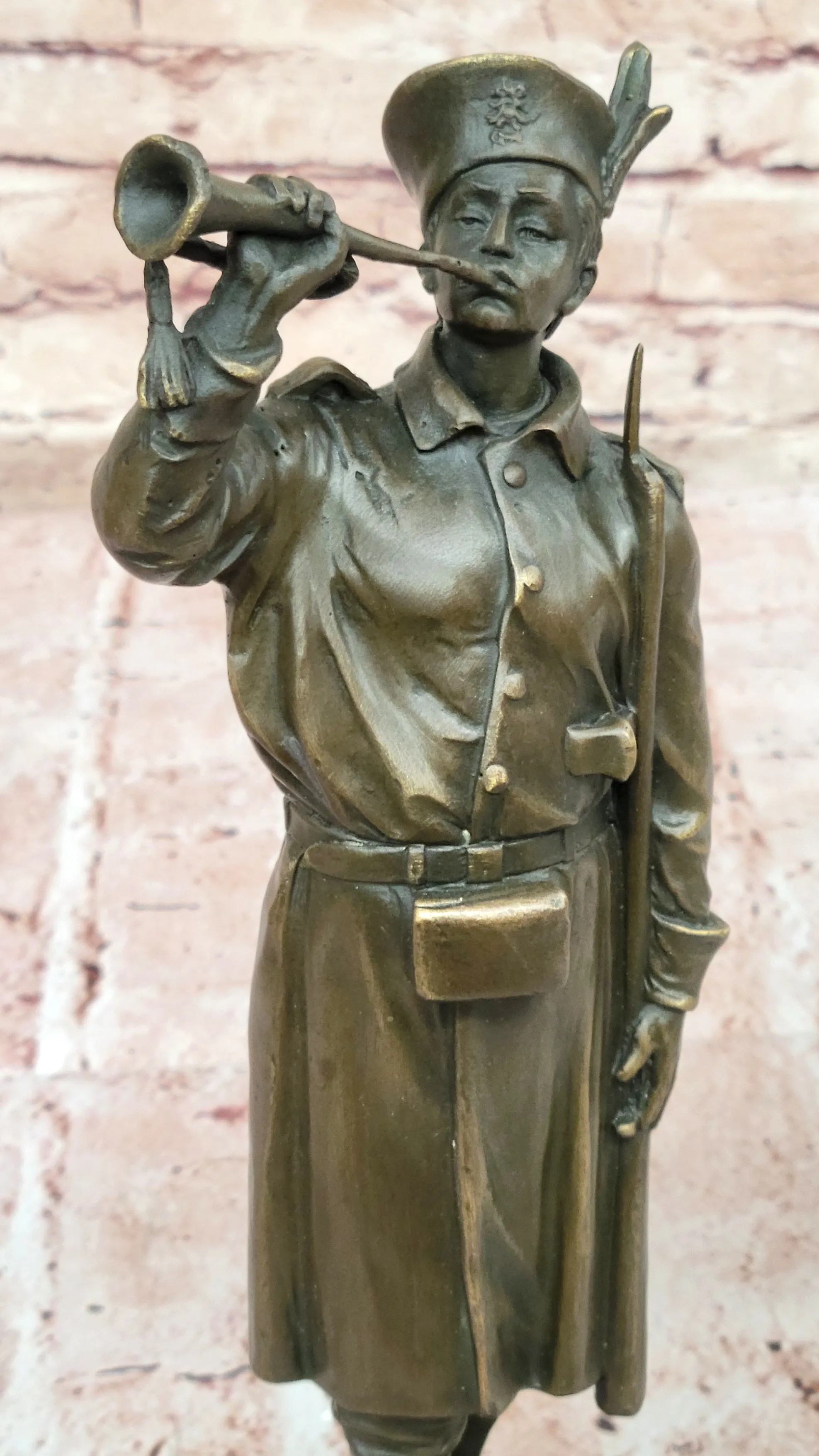 Military Soldier with Bugle Bronze Statue on Marble Base - Vintage Army Trumpeter Figurine