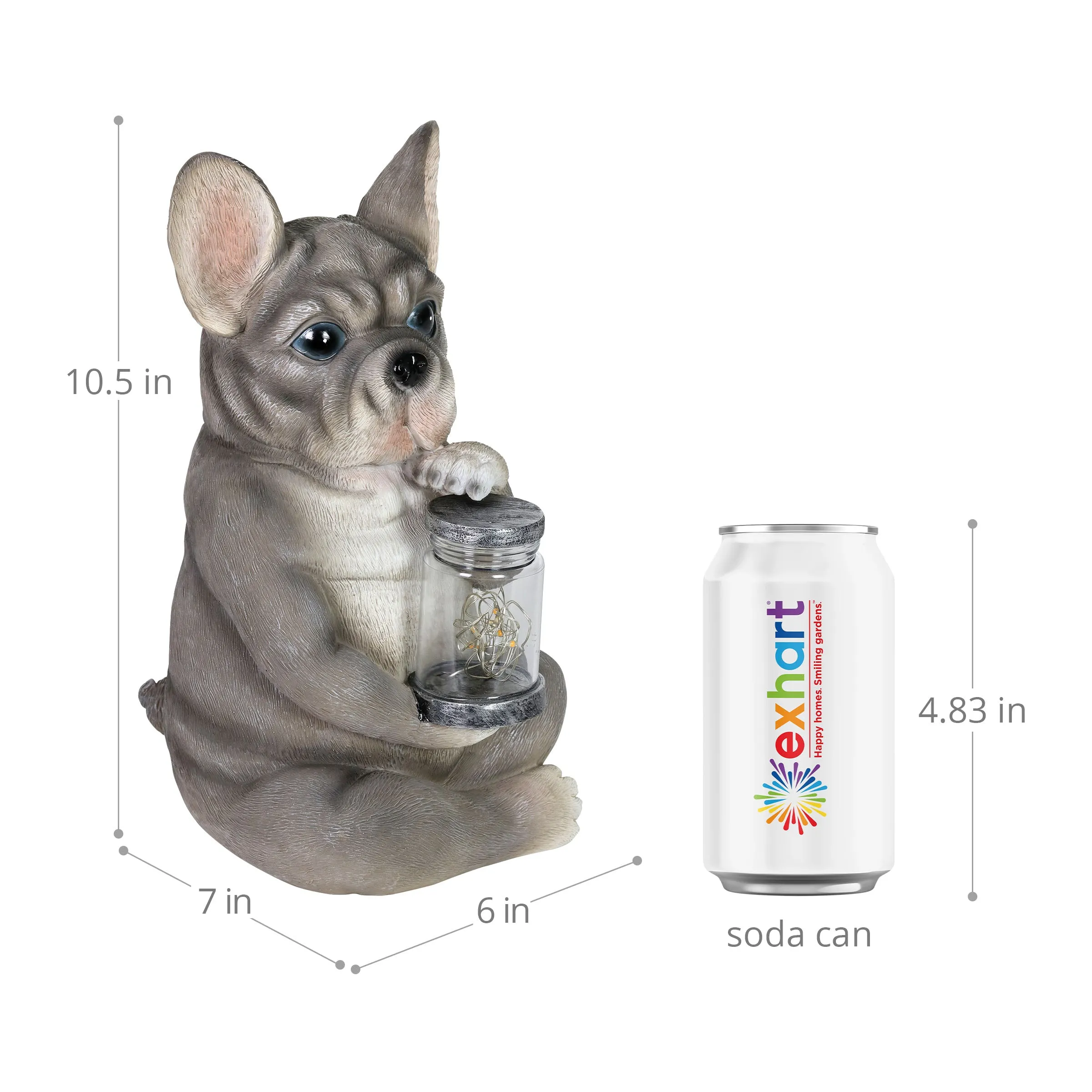 Solar French Bulldog Garden Statuary with LED Firefly Jar, 10 Inches tall